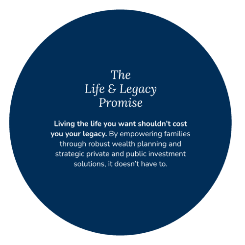 Circular image with text "the life & legacy promise" and description about offering robust wealth planning solutions to live a desired life without financial burden.